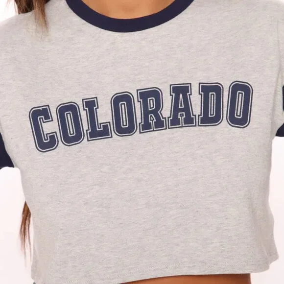 NWT Fashion Nova Colorado Graphic Crop Top | Navy Combo | Large - Picture 2 of 3
